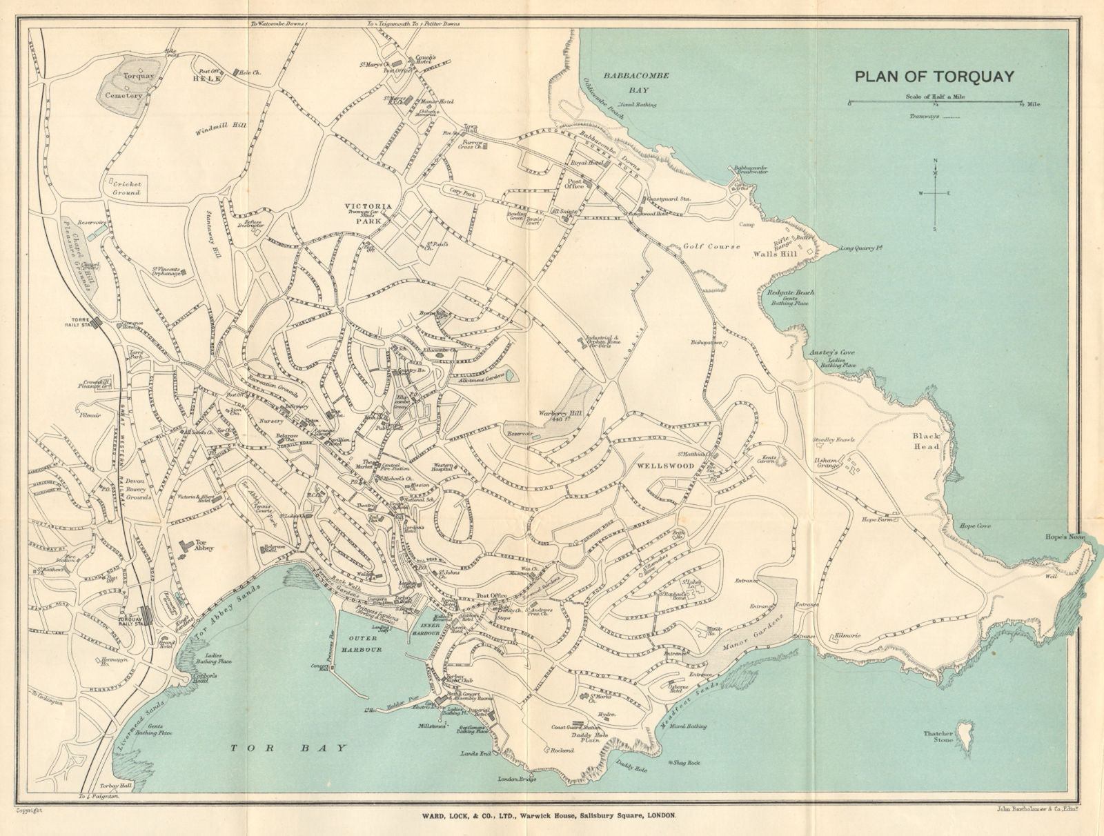 TORQUAY vintage tourist town city resort plan. Devon. WARD LOCK 1924 old map